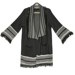 Fab'rik Gray White Striped Fringe Cardigan Open Front Pockets Size M